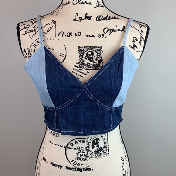 Color Block Patchwork Denim Crop Top - Picture 4 of 8